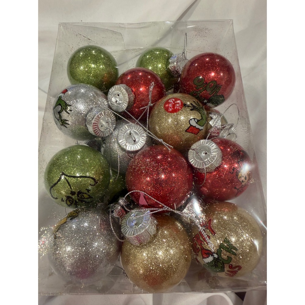 Dr Seuss The Grinch Christmas Glitter Ball Ornaments Set of 15 Red Green Gold - Picture 6 of 7